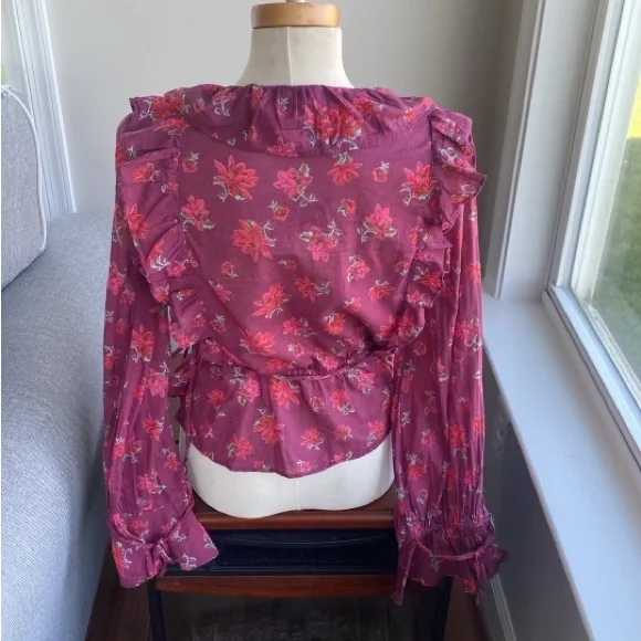 Free People Amanda Ruffle Wrap Top burgundy  Floral size M NWT - Picture 2 of 8